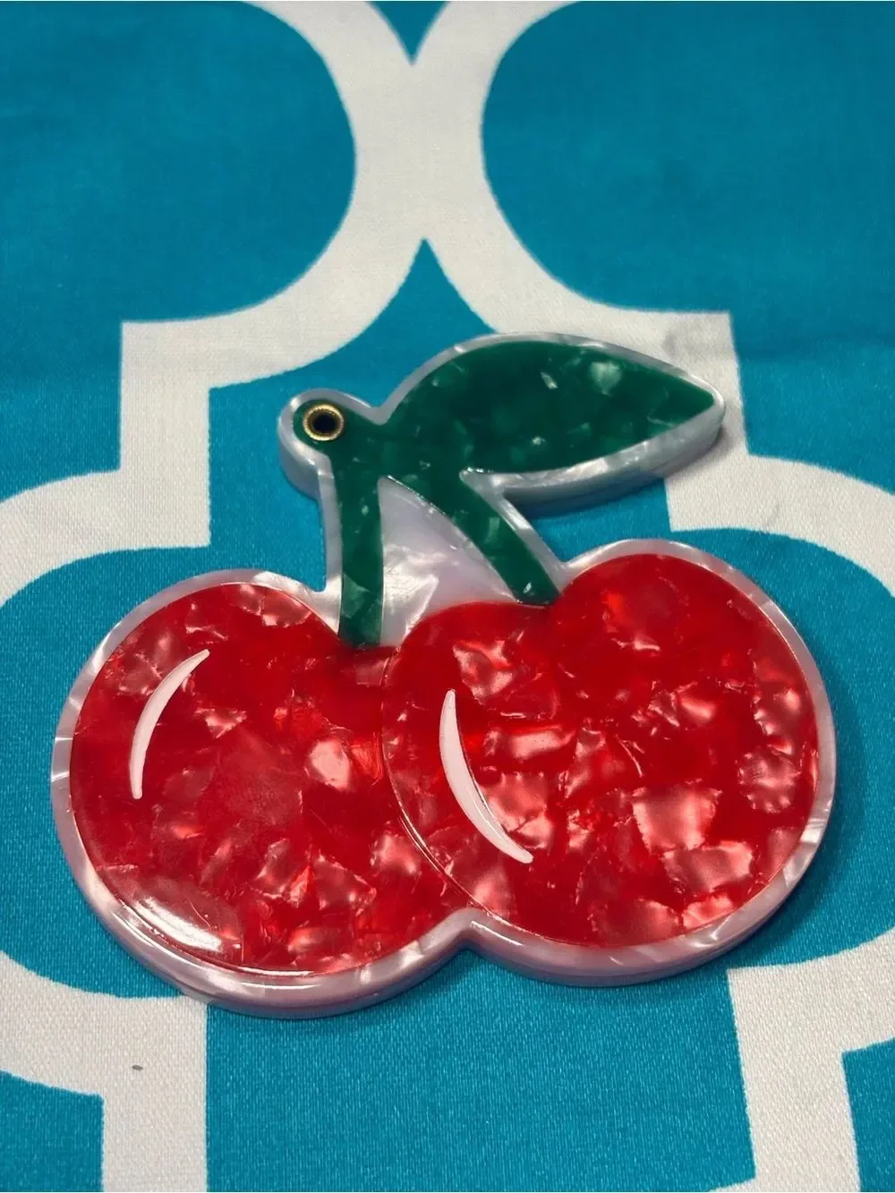 New Red Marbled Cherry Acrylic Compact Mirror with Green Leaf